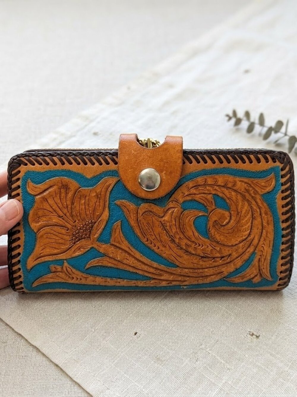 Vintage Handmade Tooled and Painted Leather Wallet